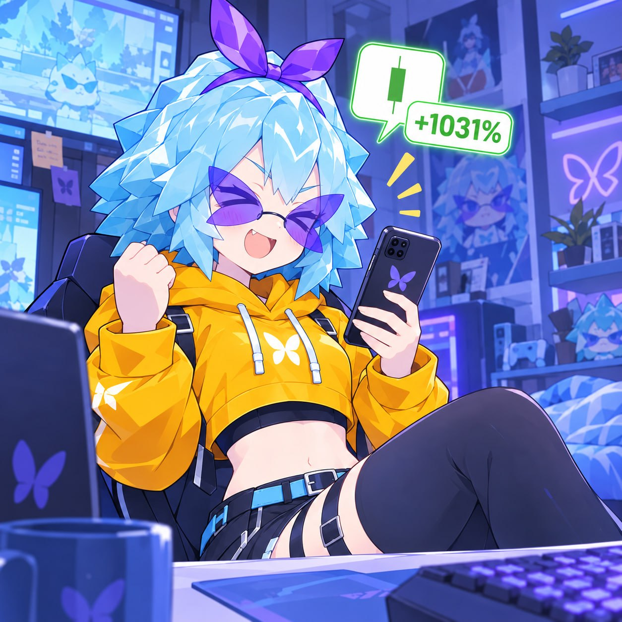 Flapa celebrating a 1031% green candle on her phone